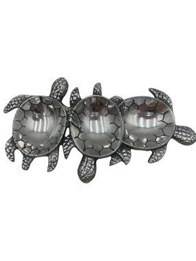 Turtle-Themed Triple Dish Metal Serving Tray 14" Long Decorative Accent